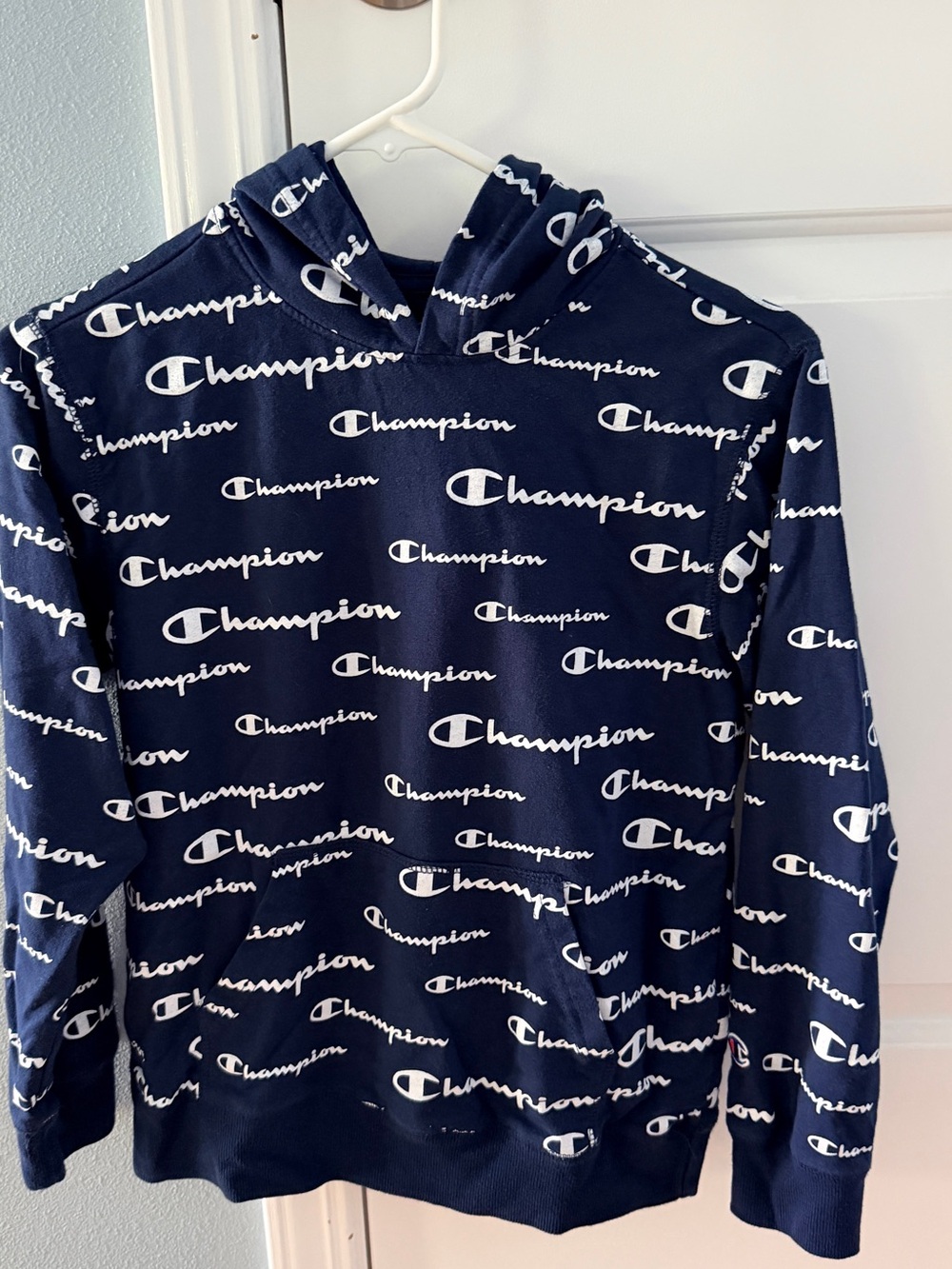 Champion Navy Crewneck with All-Over White Logo Print
